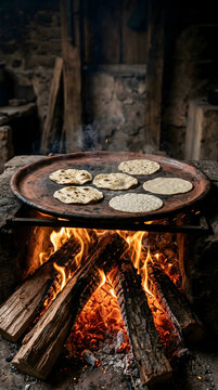 Fresh corn tortillas cooking on a clay comal over a rustic wood fire in Mexico.