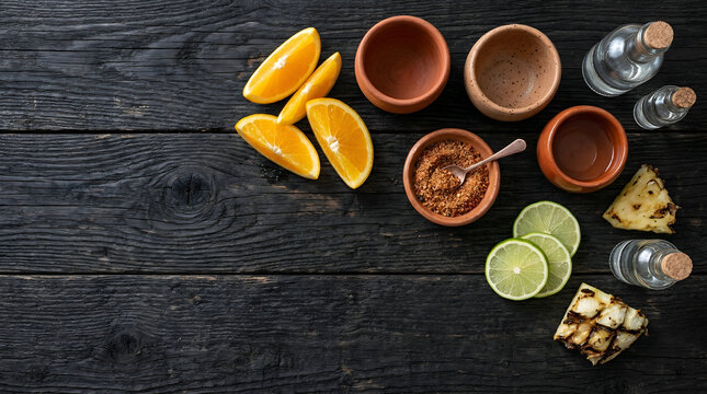 Top view of mezcal tasting set with clay cups, citrus, and worm salt on dark wood.