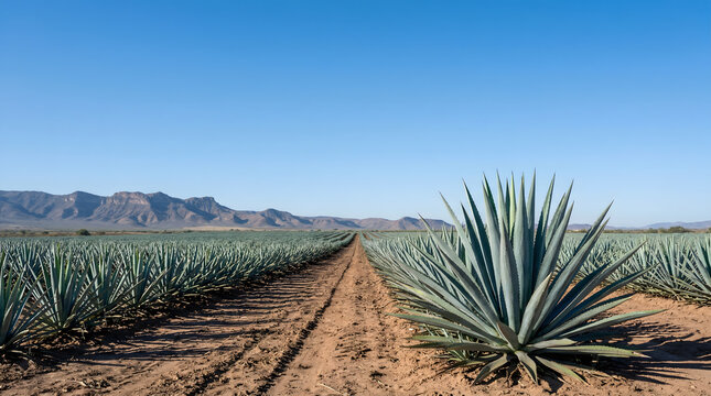 Blue agave plantation in a vast field under a clear blue sky in Jalisco, Mexico.