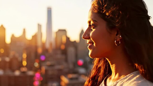 Young woman's profile enjoying golden hour cityscape at sunset