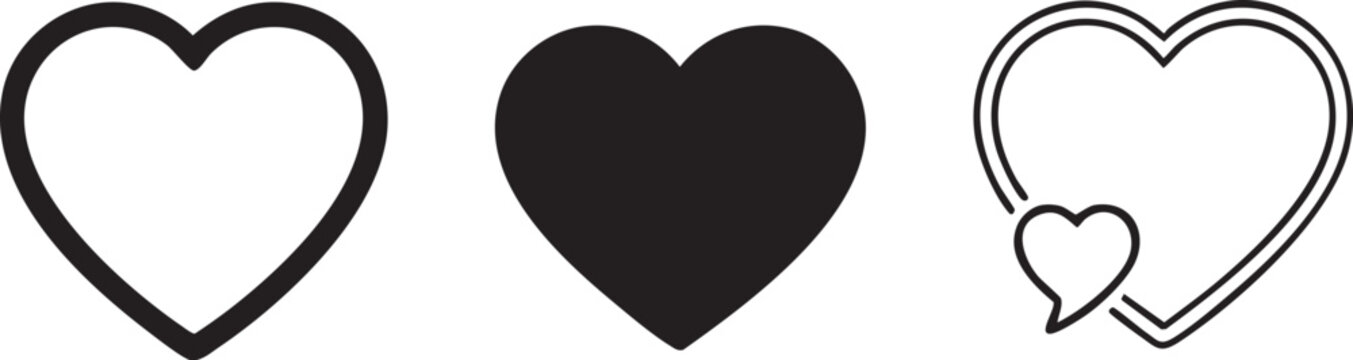 Heart icons, black and white heart shapes, love symbols, vector graphics