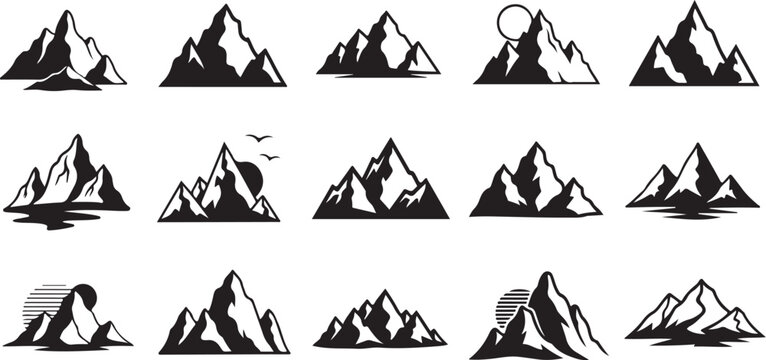 Mountain Range Silhouette Icons Set in Black and White