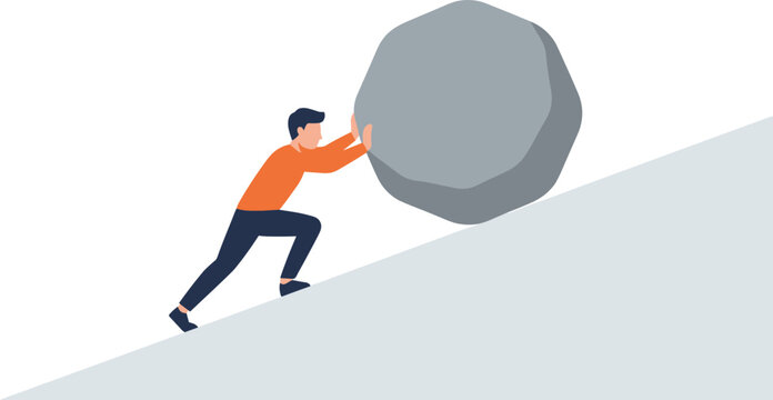 Man pushing large boulder up a steep mountain slope with effort