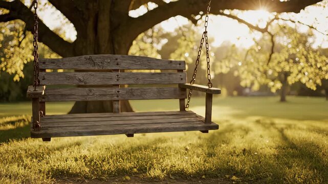 An empty wooden swing moving gently under a large tree at sunset. Nostalgic scene representing childhood, memory, and solitude