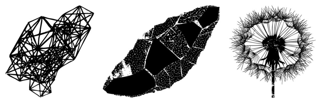 Vector illustrations of stylized animal silhouette, broken leaf texture, and dandelion fluff, all in black art with fragmented and halftone effects.