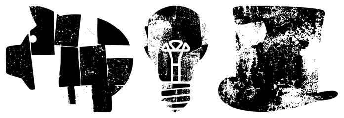 Obraz premium Distressed black vector speaker, lightbulb, top hat, textured glitch art, graphic design elements, symbols.