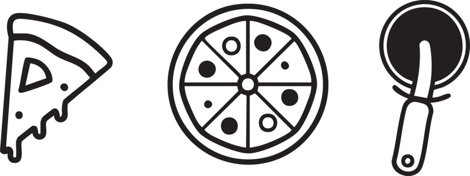 Black and white pizza icons, vector pizza slice, pie and paddle illustrations, food symbols