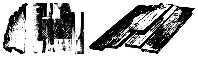Obraz premium Stylized wood planks with grain texture, fragmented stone shapes, halftone vector art, black and white graphic, isolated design elements.