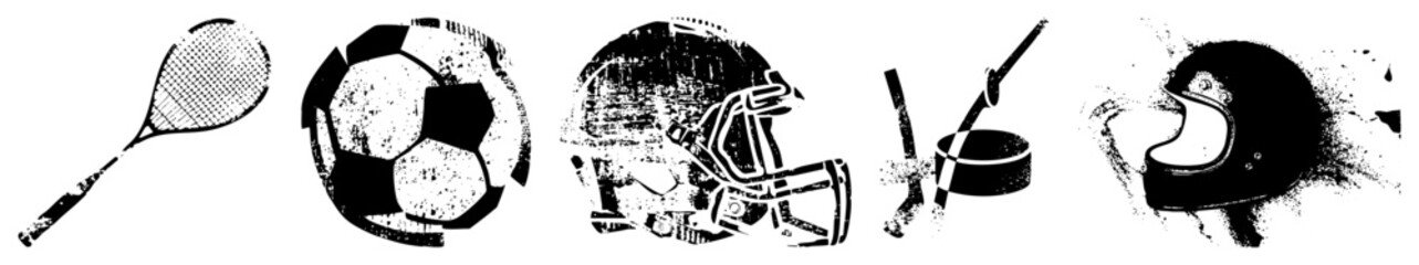 Obraz premium Classic athletic equipment rendered in halftone style, sports gear symbols, team sport essentials, retro graphic design, black and white vector set.