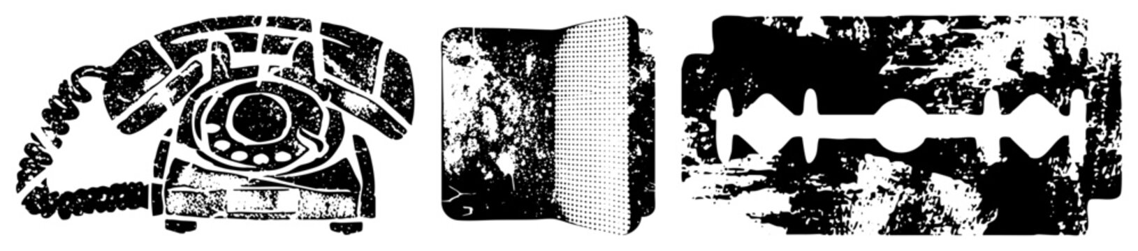 Retro rotary phone with coiled cord, pocket knife with textured grip, razor blade with serrated edge, all in gritty halftone style.