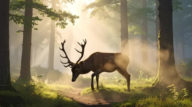 Majestic deer with large antlers stands in a sunlit forest clearing, surrounded by trees and soft light.