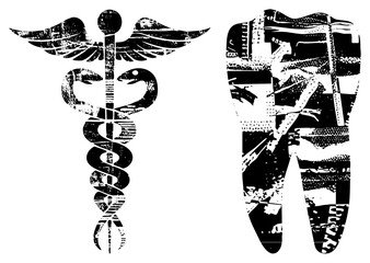 Naklejka premium Stylized caduceus medical symbol and tooth with distressed texture, healthcare, black and white vector design, medical emblem, dental graphic.