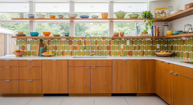 Bright kitchen with colorful hexagonal backsplash and wooden cabinets green orange
