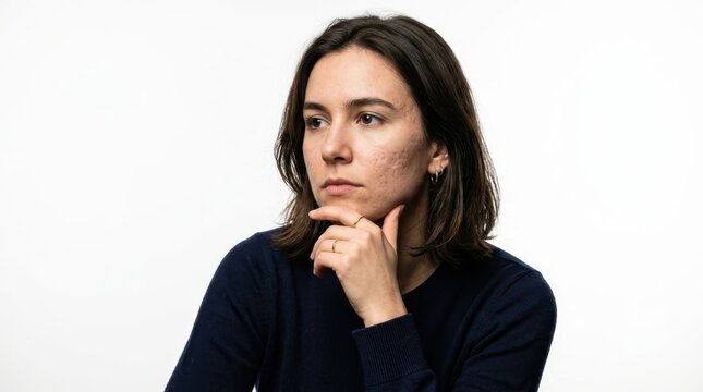 Young woman with mild acne scarring cupping her chin in thoughtful contemplation