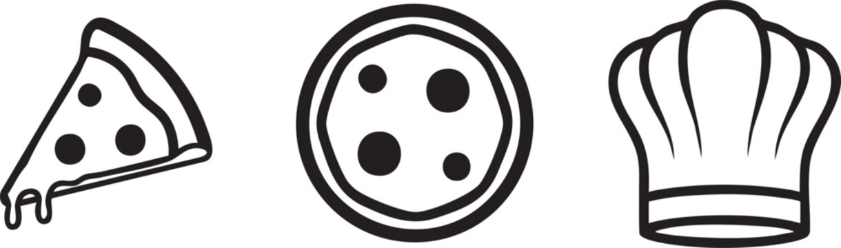 Food icons, pizza, cookie, chef hat, black and white, vector graphics, restaurant symbols, culinary illustrations