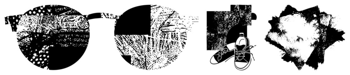 Fototapeta premium Stylized vector shapes with halftone and stipple, graphic design elements, texture, art, digital illustration assets.