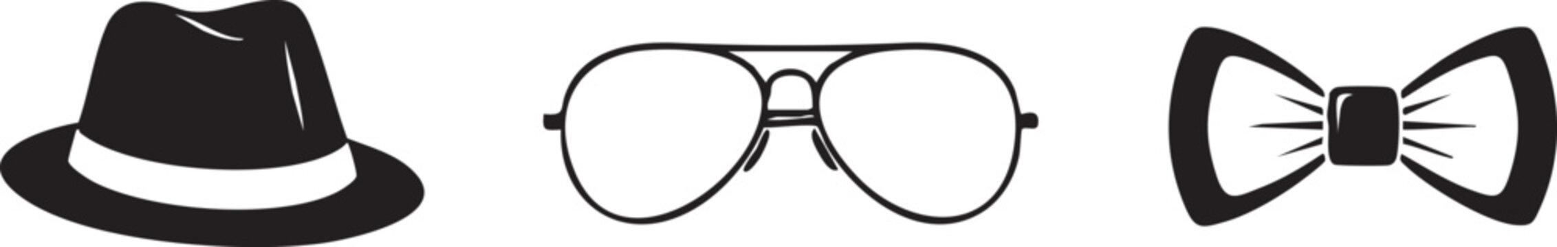 Vintage accessories, hat, glasses, bow tie, black and white icons, vector graphics