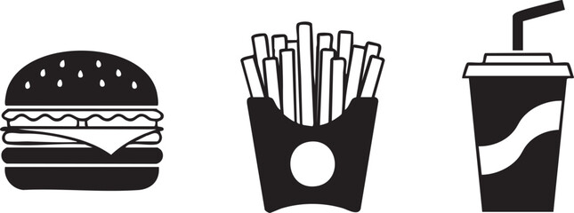 Fast food icons, burger, fries, soda, black and white vector graphics © Secret vec