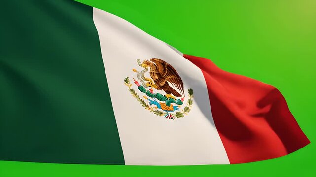 Bandera de M&eacute;xico ondeando sobre fondo verde croma, s&iacute;mbolo nacional para celebraciones de Cinco de Mayo, D&iacute;a de la Independencia, patriotismo mexicano y eventos culturales.