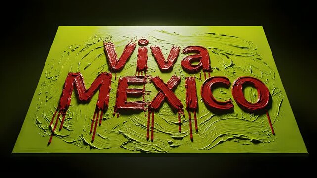 Texto Viva M&eacute;xico escrito con pintura roja sobre fondo verde texturizado. Revelaci&oacute;n art&iacute;stica con textura impasto ideal para el Cinco de Mayo, fiestas patrias y cultura mexicana.