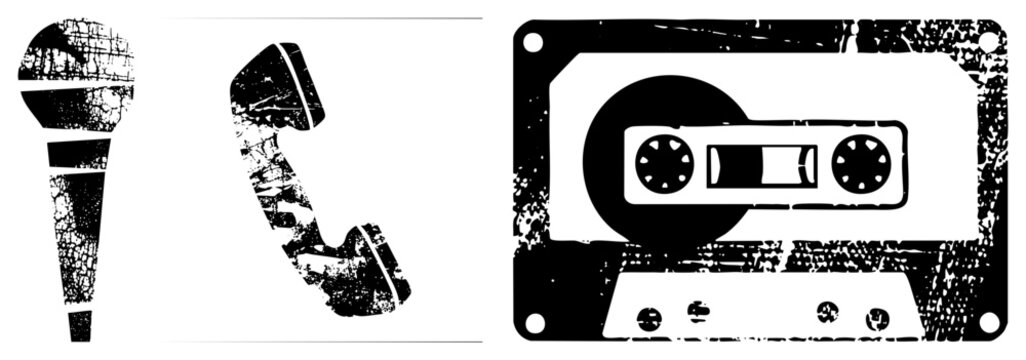 Vintage rotary phone handset and cassette tape, distressed graphic, analog symbols, nostalgic tech elements, black and white vector design.