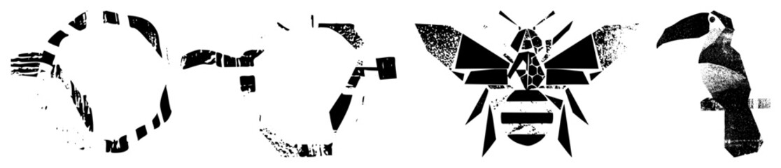 Naklejka premium Abstract bird, bee, and animal shapes rendered in fragmented geometric forms, halftone texture, black and white vector art, graphic design elements, stylized fauna.