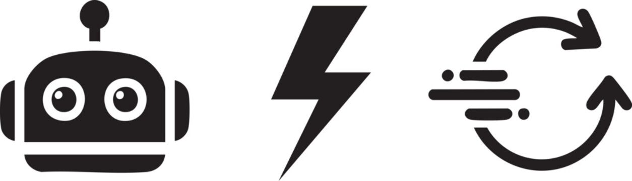 Robot, lightning bolt, refresh arrow icons, black vector graphics, symbol set