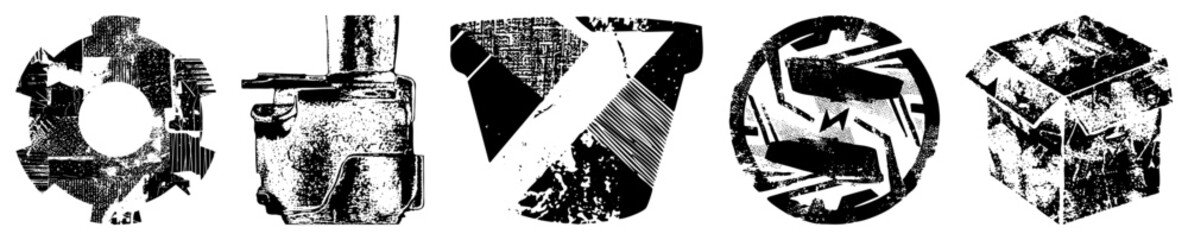 Obraz premium Stylized vector with distressed textures, halftone shading, and fragmented forms, including circular, cylindrical, and cubic silhouettes. Vector graphic elements with gritty aesthetic.