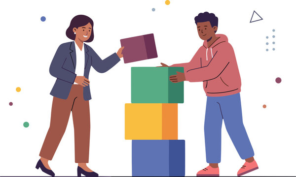 Two people are building a structure with colorful blocks together outdoors