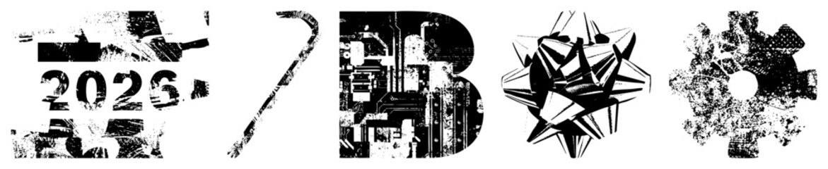 Obraz premium Stylized letterforms with glitchy, corroded textures, tech inspired glyphs, distressed typography, vector, digital decay aesthetic.