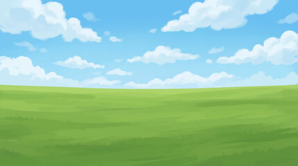Fototapeta premium Expansive green field with soft brushstrokes under a cloudy blue sky