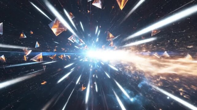 Abstract digital artwork featuring geometric shapes and a bright light source in a cosmic background.