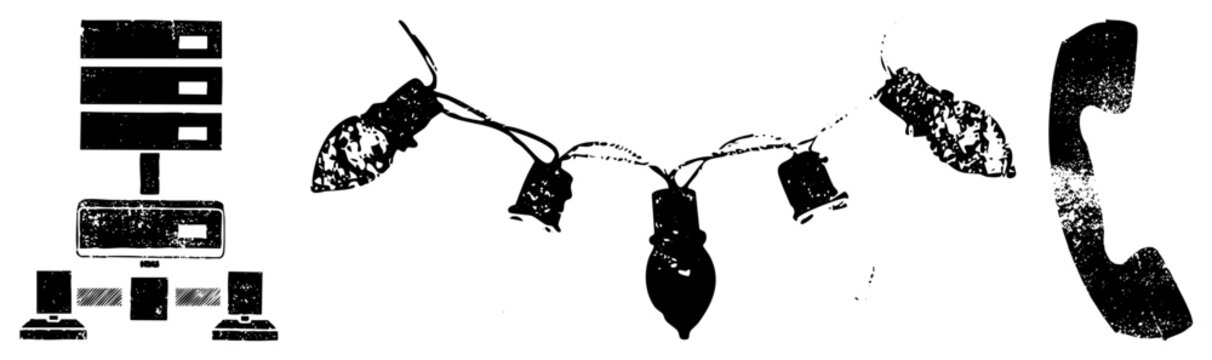 Retro computer tower, vintage string lights, old telephone receiver, black and white vector art, distressed texture, nostalgic tech, isolated digital elements.