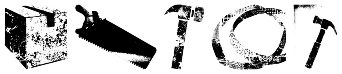 Obraz premium Weathered black and white tool with gritty texture, carpenter essentials, DIY workshop symbols, halftone distressed graphic.