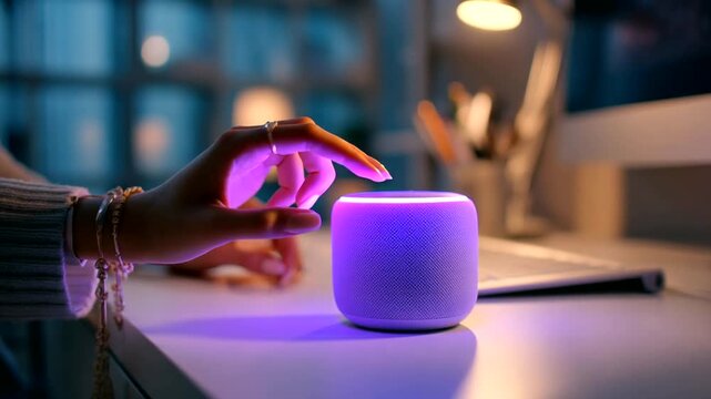 Person interacting with smart speaker in modern workspace