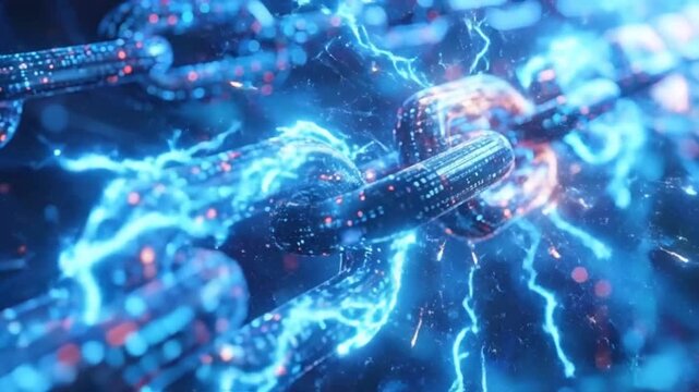 Digital blockchain concept with glowing chain links and abstract network connections in the background.