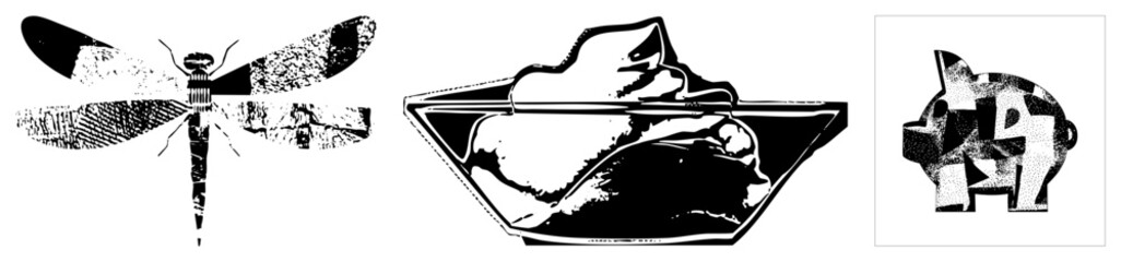 Obraz premium Black and white halftone illustrations of a dragonfly, ice cream scoop, and piggy bank, vector graphic, isolated cutout, artistic render, design.