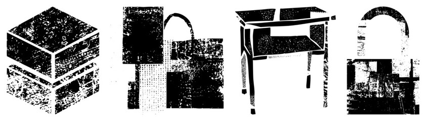 Obraz premium Black and white halftone vector art of stacked cubes, tote bag, desk, and padlock, stylized with grainy texture and bold.