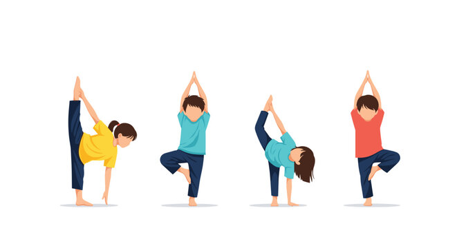 Diverse group of young children practicing different yoga and balance poses like the tree pose and standing splits in a studio.