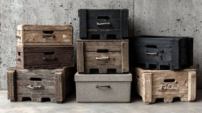 Rustic Style Stacked Wooden and Concrete Storage Crates Still Life