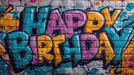 Fototapeta premium Birthday celebration theme for party event. A vibrant, colorful graffiti artwork of the phrase Happy Birthday on a white brick wall. The artwork features a variety of colors, including blues