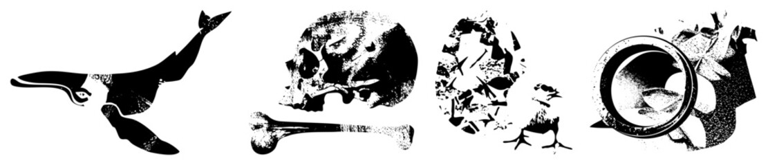 Fototapeta premium Dinosaur, skull with bone, egg with chick, and bird in cage prehistoric life rendered as halftone textured vector art, isolated elements with distressed ink effect.