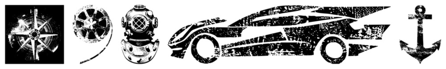 Obraz premium Vintage compass, film reel, diving helmet,, anchor vector with gritty texture, maritime and automotive themes.
