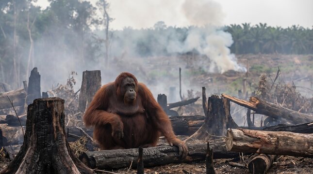 Endangered orangutan sits motionless upon a charred log inside a deforested wasteland while thick smoke plumes rise from burning remnants of what was previously a lush tropical habitat which now refle