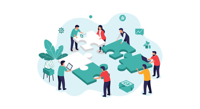 Diverse team of professionals working together to assemble large jigsaw puzzle pieces symbolizing collaboration and problem solving.