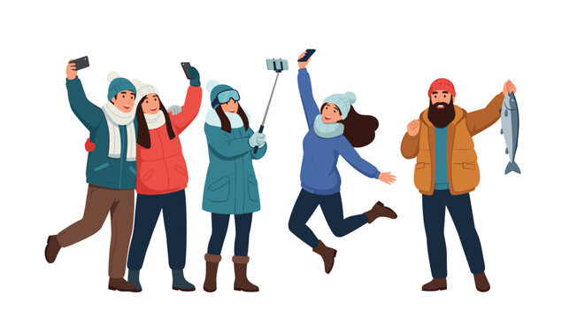 Group of friends in winter clothing having fun outdoors taking selfies and showing off a large fish caught during a cold day.