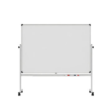 A portable magnetic whiteboard on a metal stand with wheels for office or educational settings isolated on transparent background