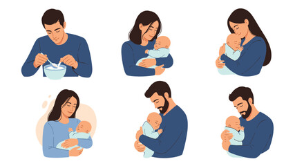 Fototapeta premium Various scenes showing loving mothers and fathers holding, cuddling, and feeding their newborn babies with care and affection.