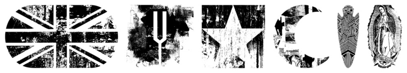 Obraz premium Distressed flag, tuning fork, star,, indigenous, Virgin of Guadalupe all rendered in gritty, high contrast vector art with textured.