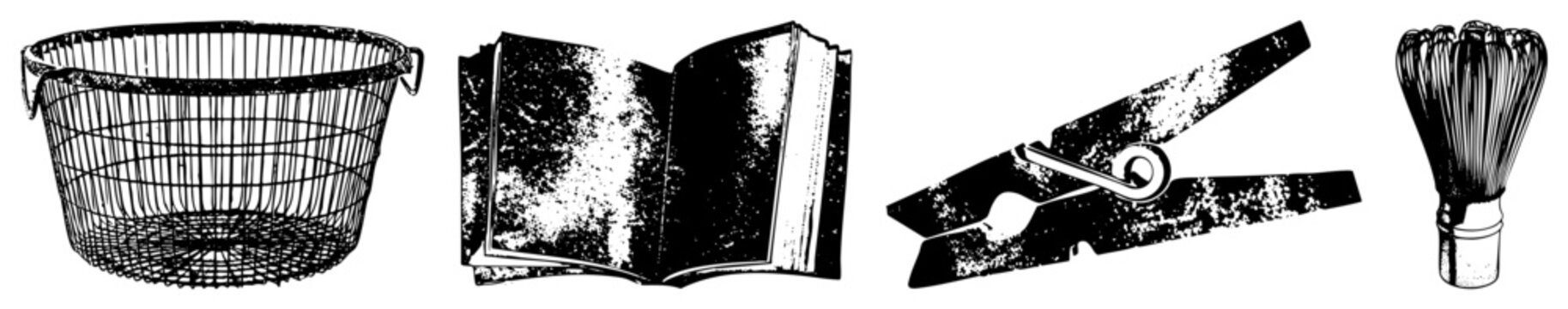 Four vintage style objects wire basket, open book with aged texture, classic clothespin, and whisk brush. Isolated vector elements for design projects, kitchen, or study themes.